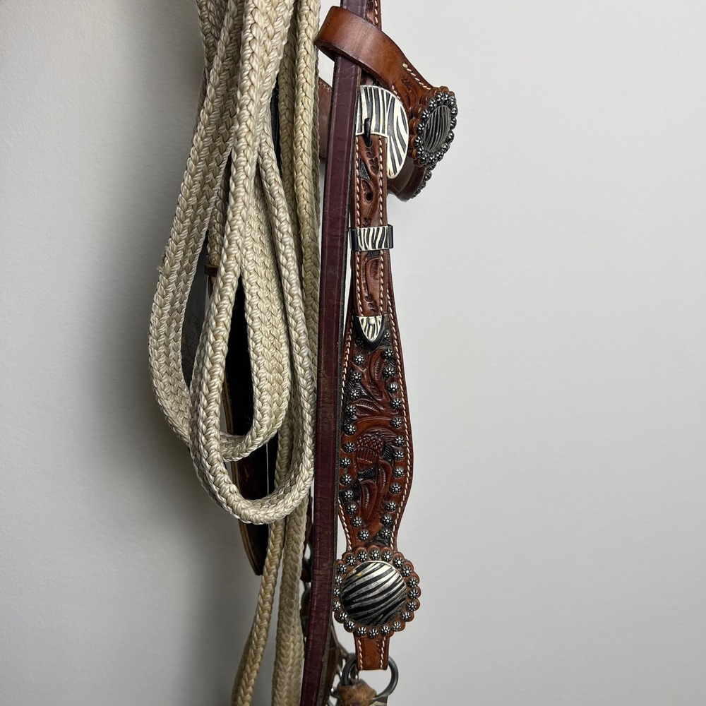 Unbranded Leather Headstall Double Diamond 7ft Reins Zebra Concho Brown Good - Picture 7 of 11